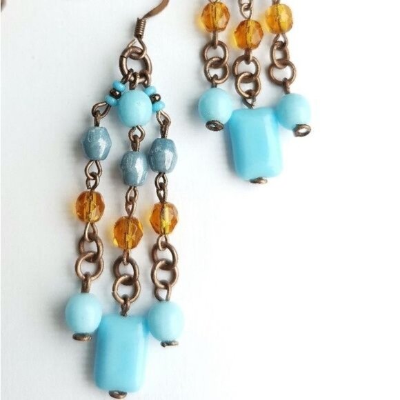 VINTAGE Czech handmade beaded  turquoise amber necklace earring set - Picture 4 of 8